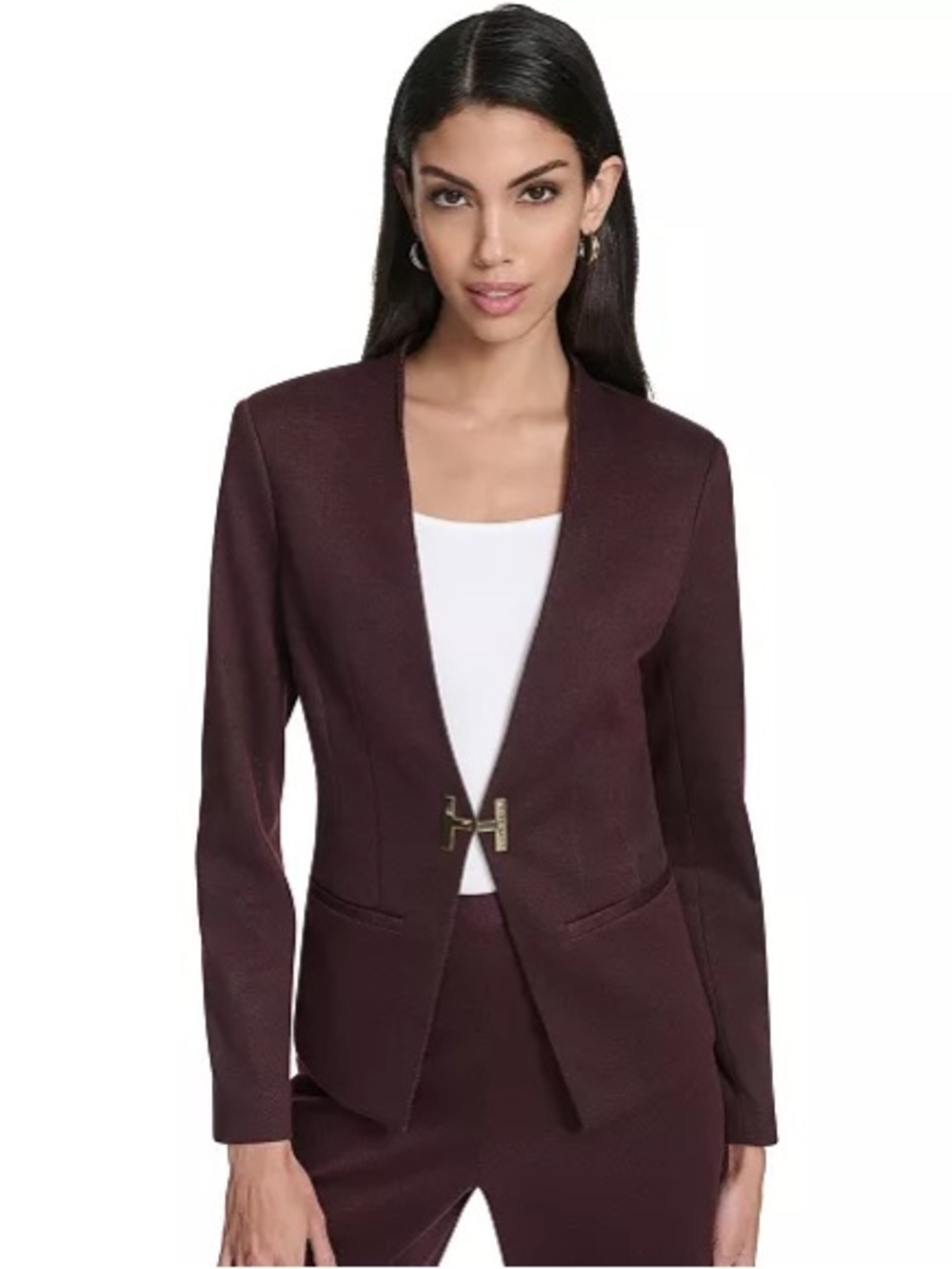 NWT Halston Plum Ponte Blazer Collarless Gold H Hook Eye Closure Office Chic